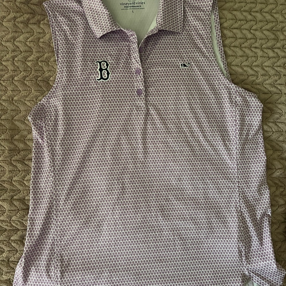 Vineyard Vines Women’s Purple Sleeveless Polo golf shirt with Red Sox Logo.